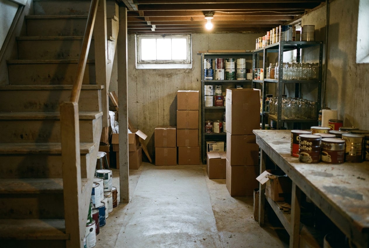 A cluttered unfinished basement with stacked boxes and shelves of paint cans, seen from the foot of a narrow wooden staircase with a cleared path on the concrete floor.