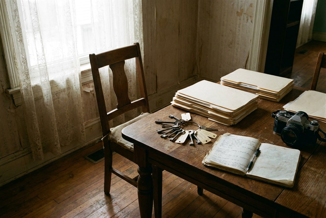 Folders, labeled keys, a notebook, and a camera laid out on a dining room table in an older home lit by winter daylight through curtains.
