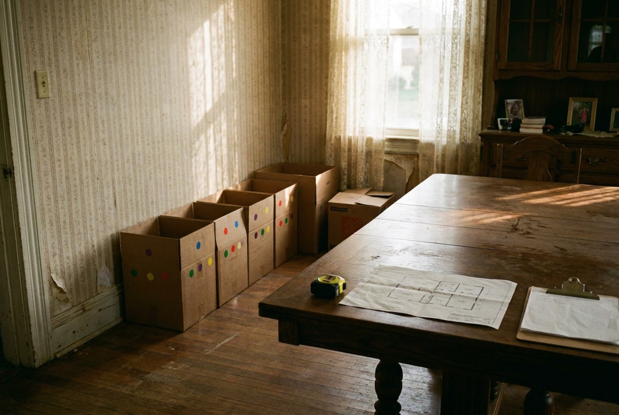 A dining table holding a tape measure and clipboard beside packed boxes marked with colored stickers in an older home lit by afternoon light.