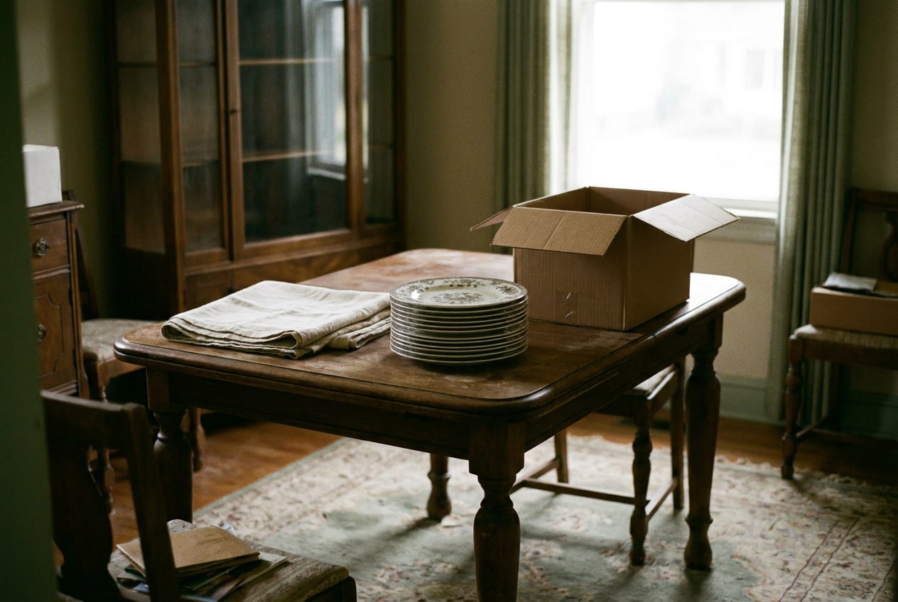 Stack of dinner plates and an open box on a dining table in front of a mostly emptied china cabinet in morning light.