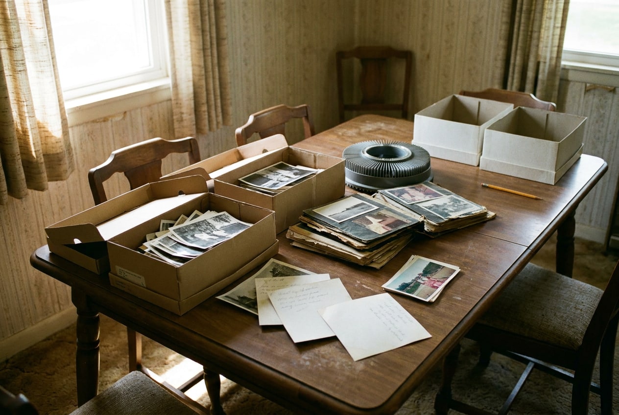 Shoeboxes of old photographs, albums, and a slide carousel spread across a dining table in morning light with empty storage boxes nearby.