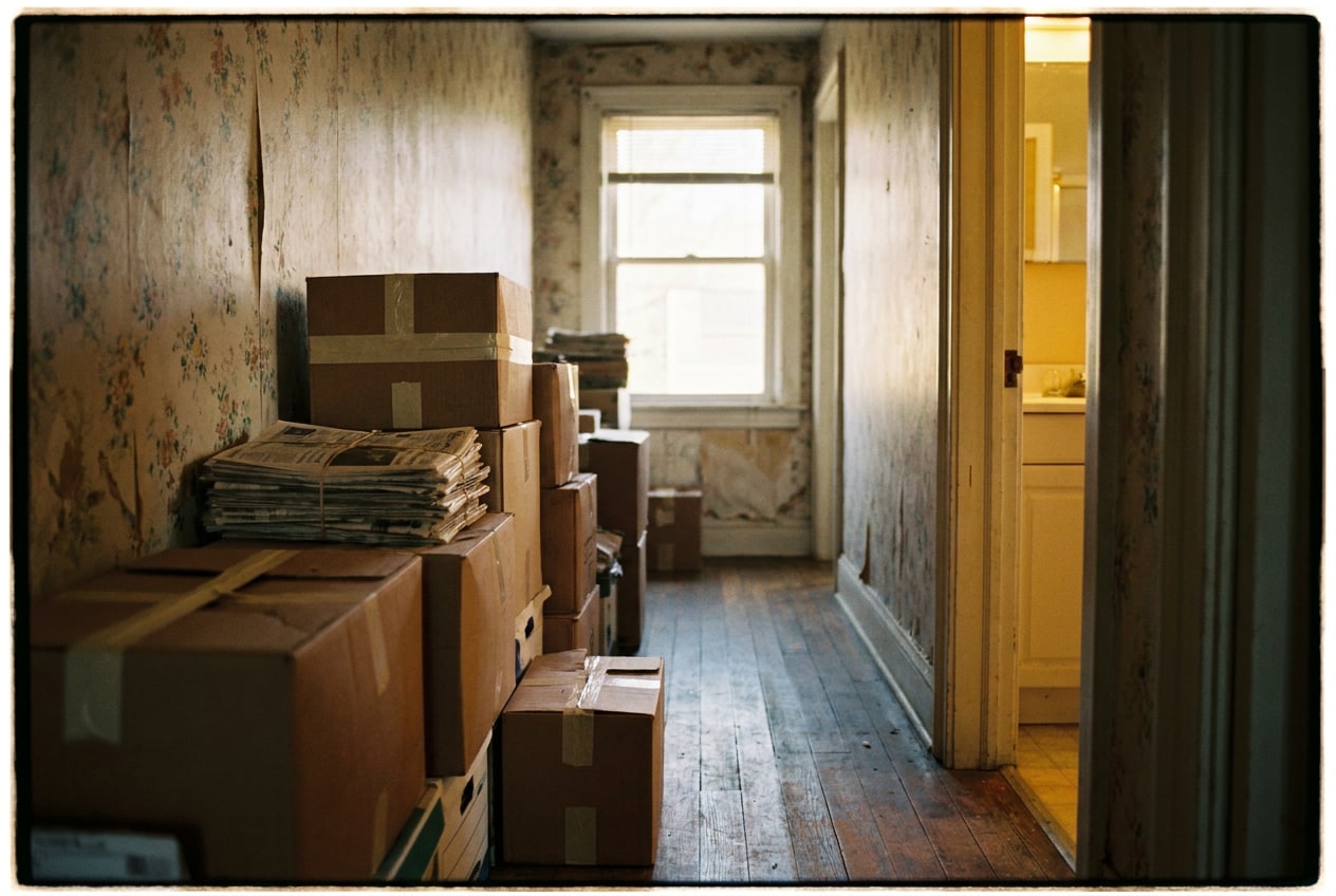 A hallway in an older home, half cleared of stacked boxes and newspapers, with afternoon light on the wood floor.