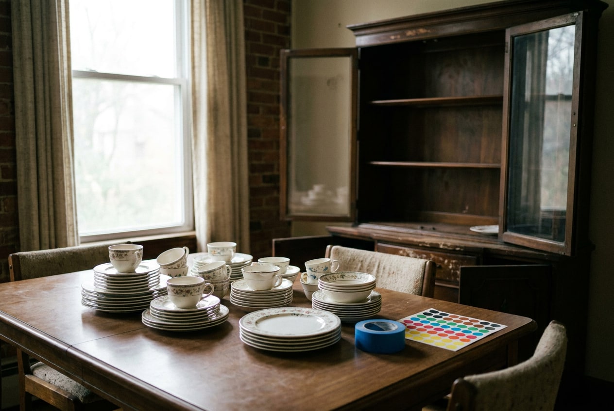 A dining room table covered with stacks of sorted china beside a roll of painter's tape, with a half-emptied wooden hutch in afternoon light.