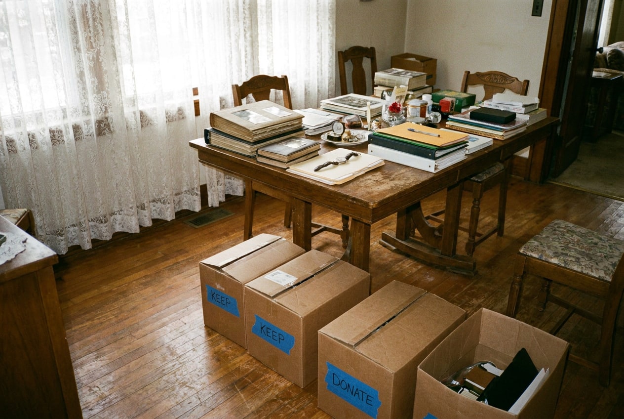 A dining room table covered with sorted family belongings and labeled boxes on the floor in an older home lit by morning light.