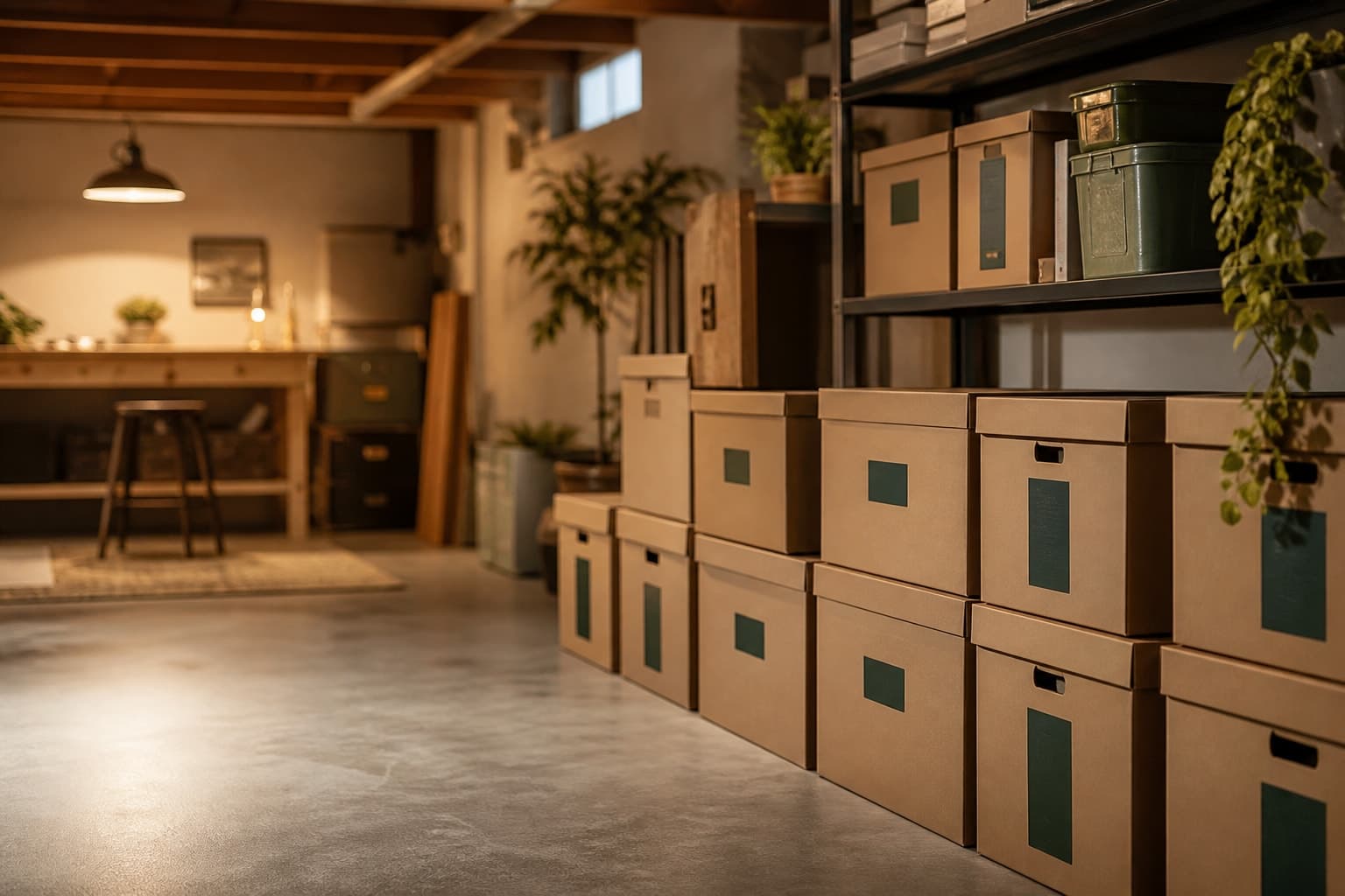 A tidy basement with labeled moving boxes sorted into groups.