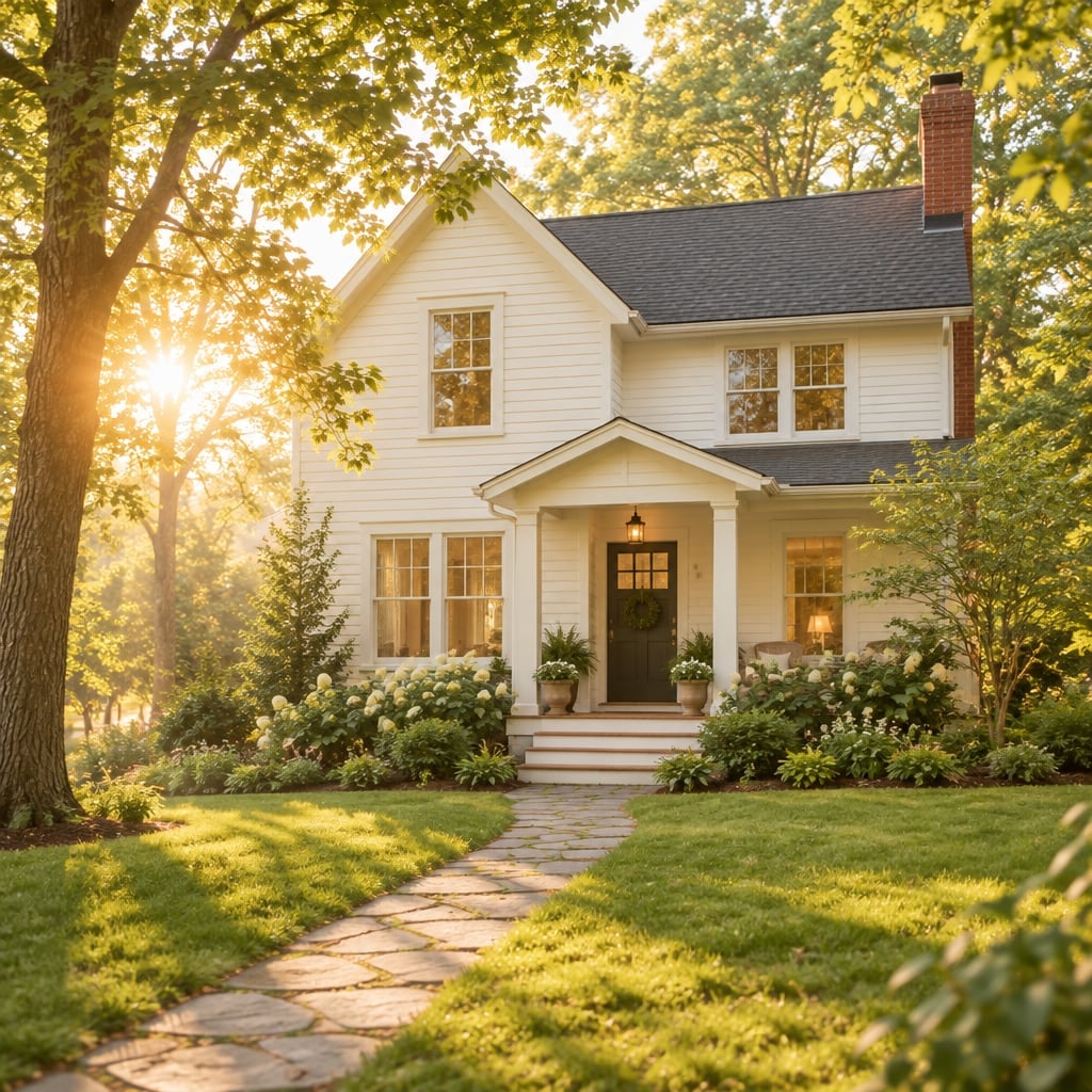 A white cottage among trees at golden hour.