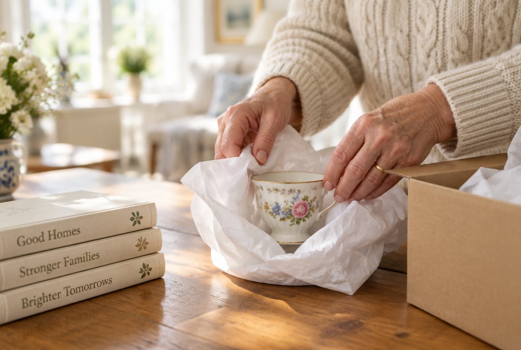 A pair of hands wrapping a family teacup in tissue paper at a wooden table.