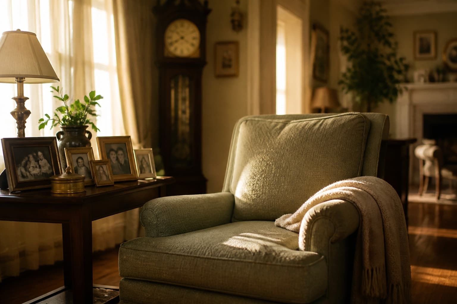 A sunlit living room in a longtime family home, with an armchair, framed family photographs, and a grandfather clock.