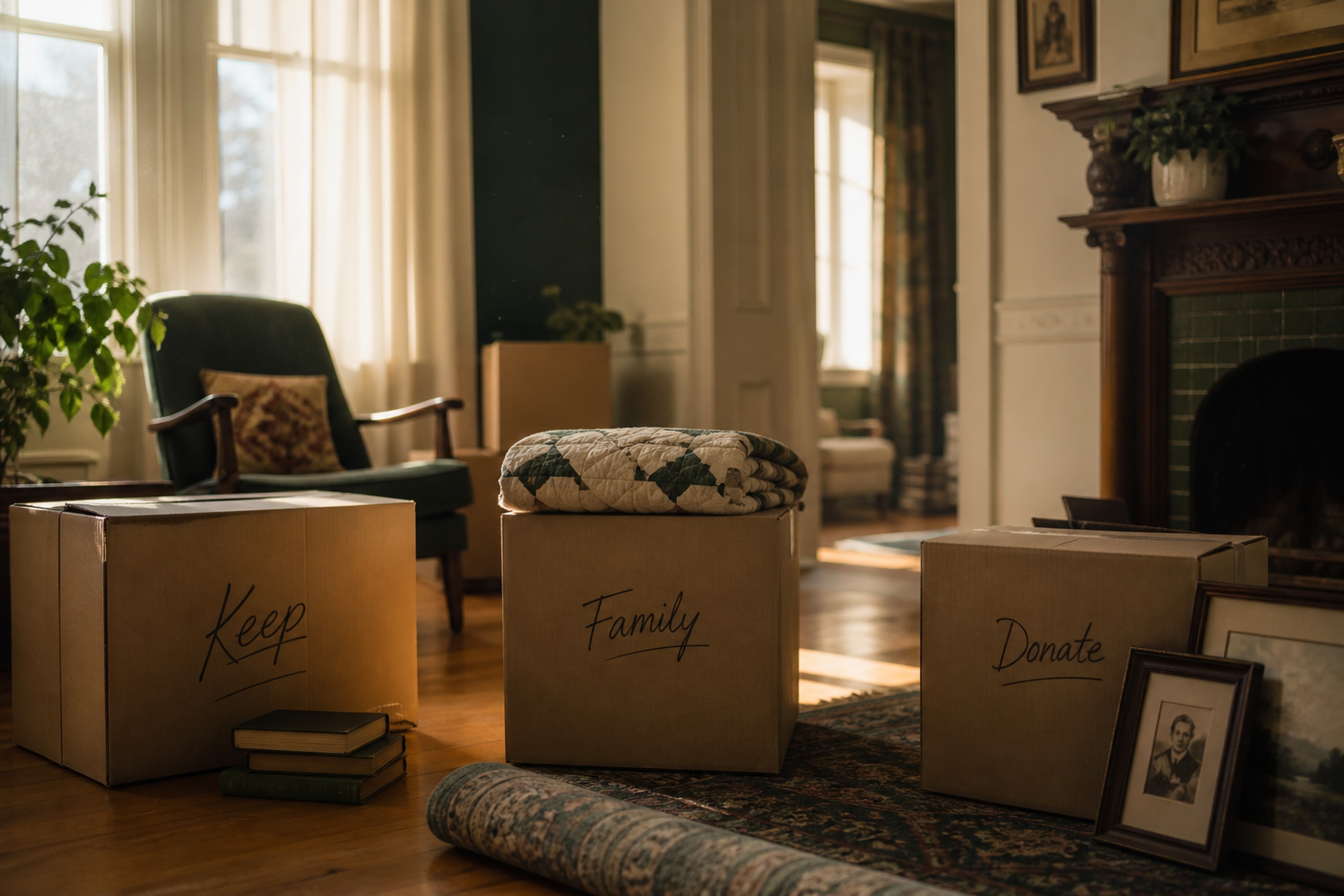 Cardboard moving boxes neatly stacked and labeled along a wall during a home move