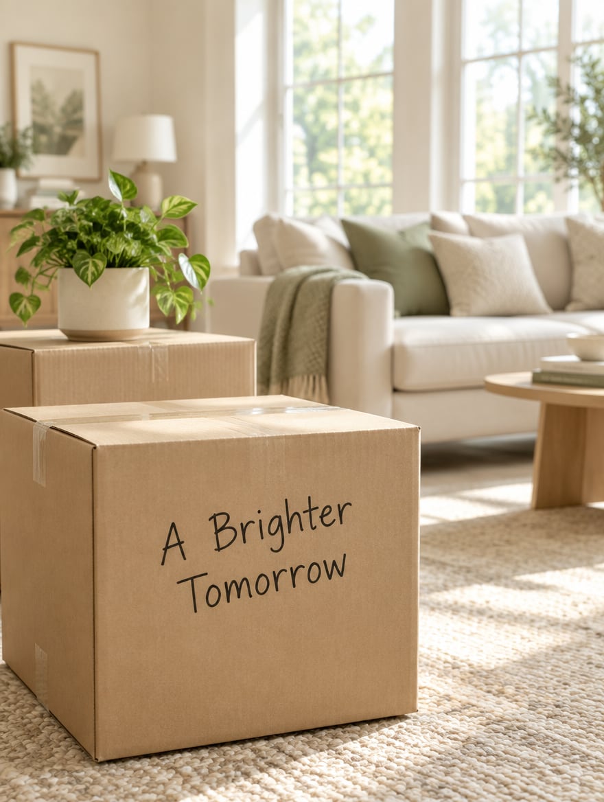 A moving box labelled A Brighter Tomorrow beside a potted plant in a bright room.