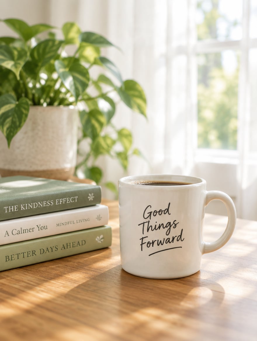 A coffee mug reading Good Things Forward on a wooden table by a window.